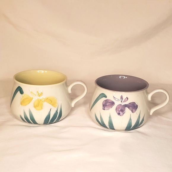 Takahashi Mugs Hand Painted Purple and Yellow Iris Porcelain Set of 2 - Picture 1 of 5